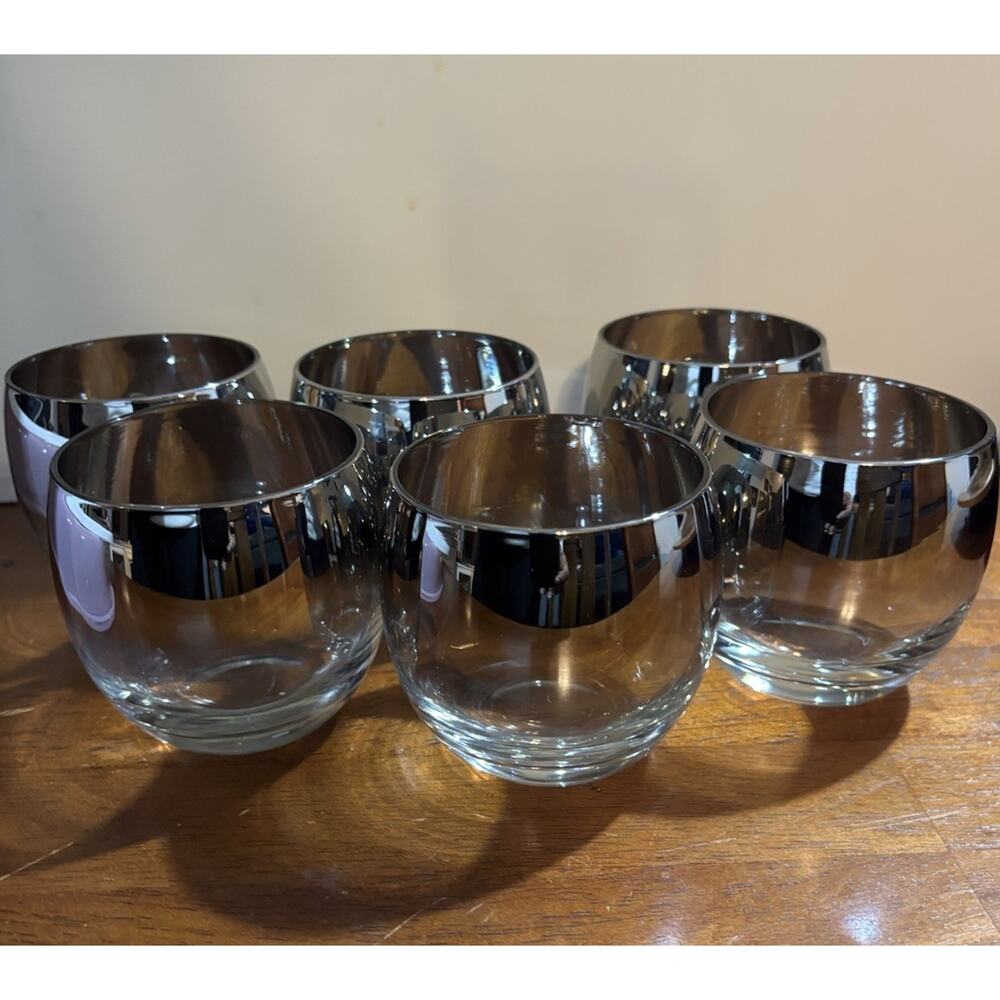 Set Of 6 Vintage Unmarked Rolly Polly Silver Rimed Bar Glasses 2.25"T x 2.25"W